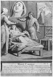 Cura milagrosa de uma mulher cega, Marie Carteri, no túmulo do diácono François de Paris, no cemitério paroquial de Saint-Medard, em Paris, gravado por Pieter Yver (1712-1787) 1737